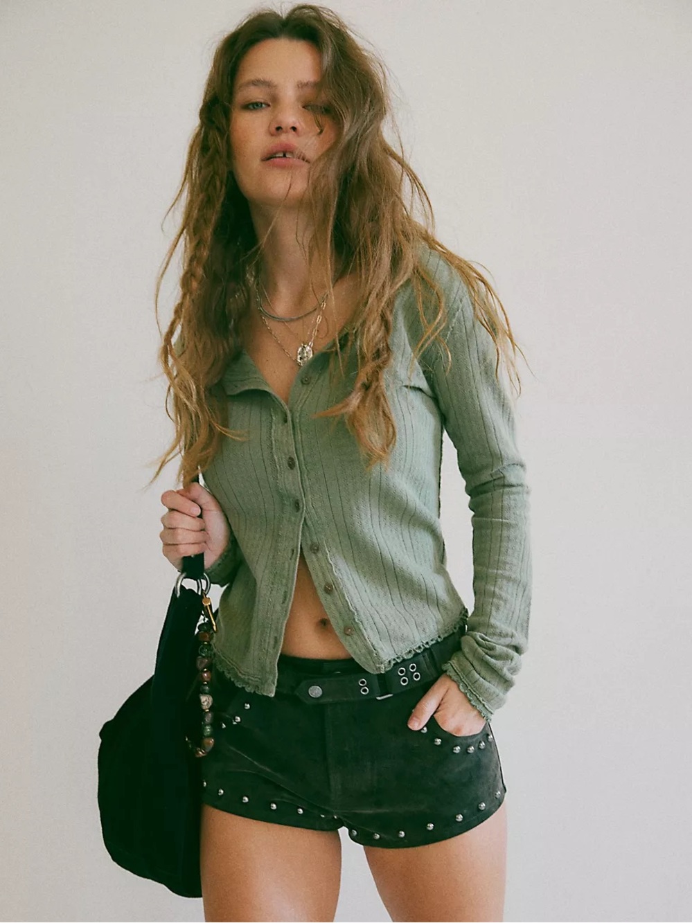 We The Free Penny Pointelle Cardi - Crystal Kelp (Green) - Small